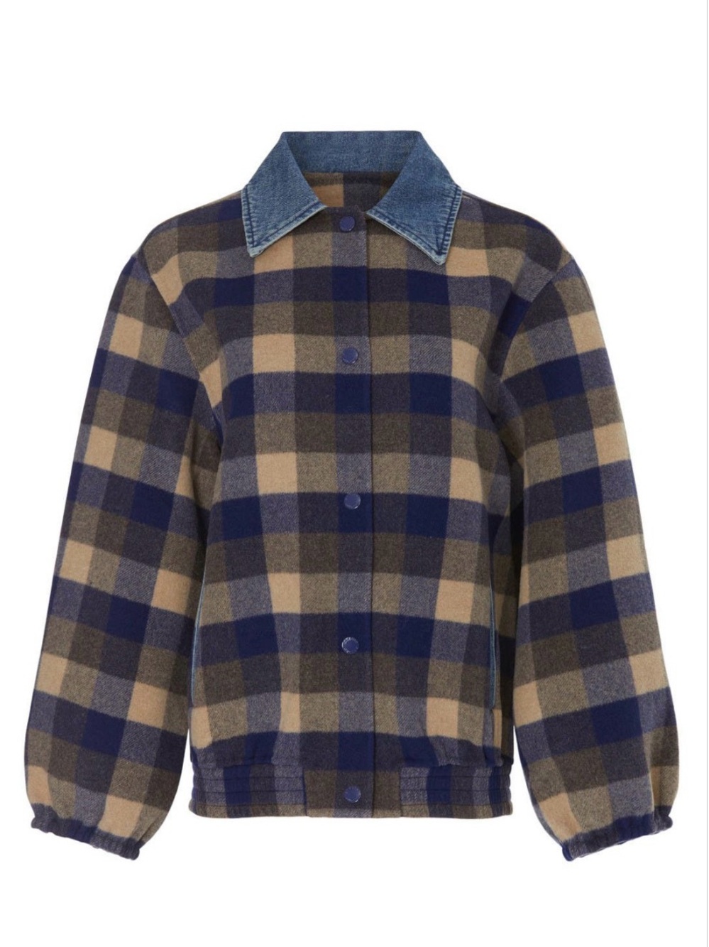 Sandro Jacket Warren Denim Blue Canel Plaid Contrast Collar Button Front Sz 36 - Picture 5 of 6